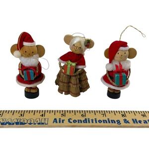 3 Vintage Avon Santa Mrs. Claus Mouse Matchstick Straw Wooden Christmas Ornament